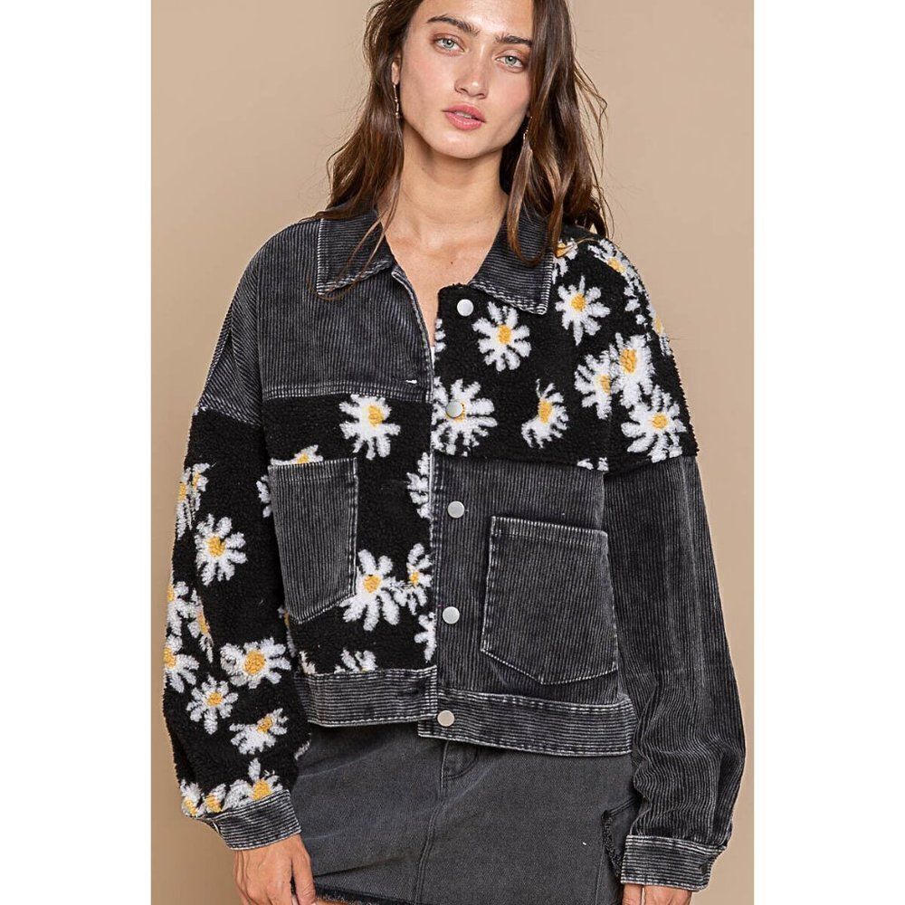 POL CLOTHING Daisy Corduroy Jacket Women New Black Button Down Sherpa FWT369